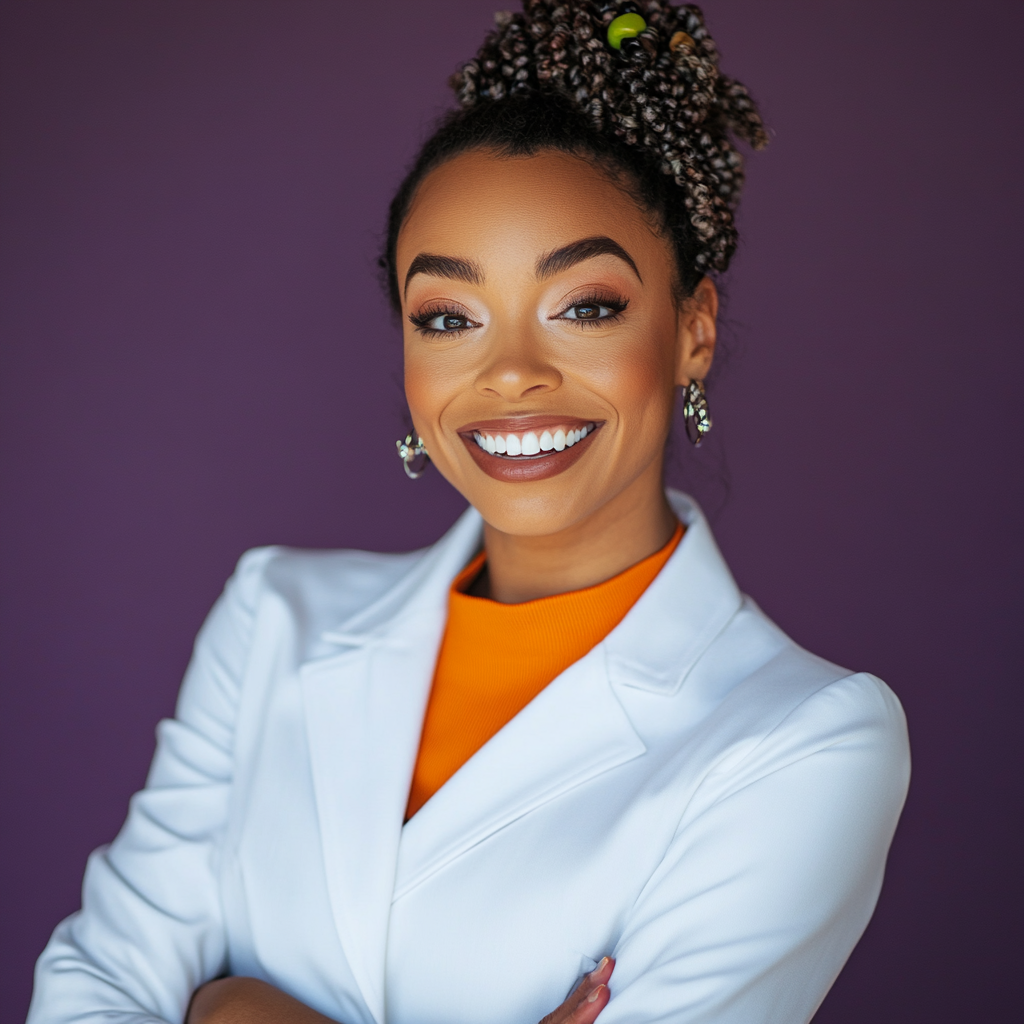 A woman with curly hair styled in a high bun with beads, wearing a white blazer and orange top, smiling against a purple background.