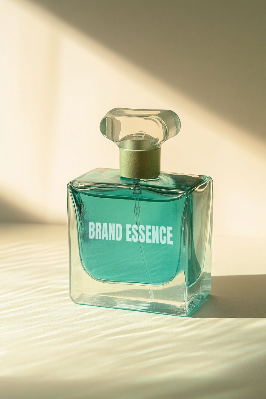 A glass perfume bottle with a beige cap and a turquoise liquid inside, labeled "BRAND ESSENCE," on a light surface with soft sunlight and shadows.