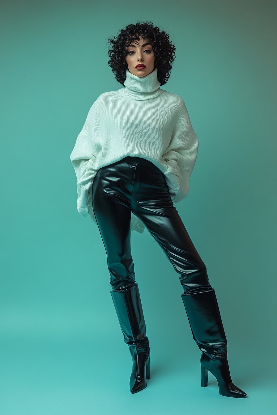 woman in a white turtleneck sweater and black leather pants, standing with hands in pockets, against a green background