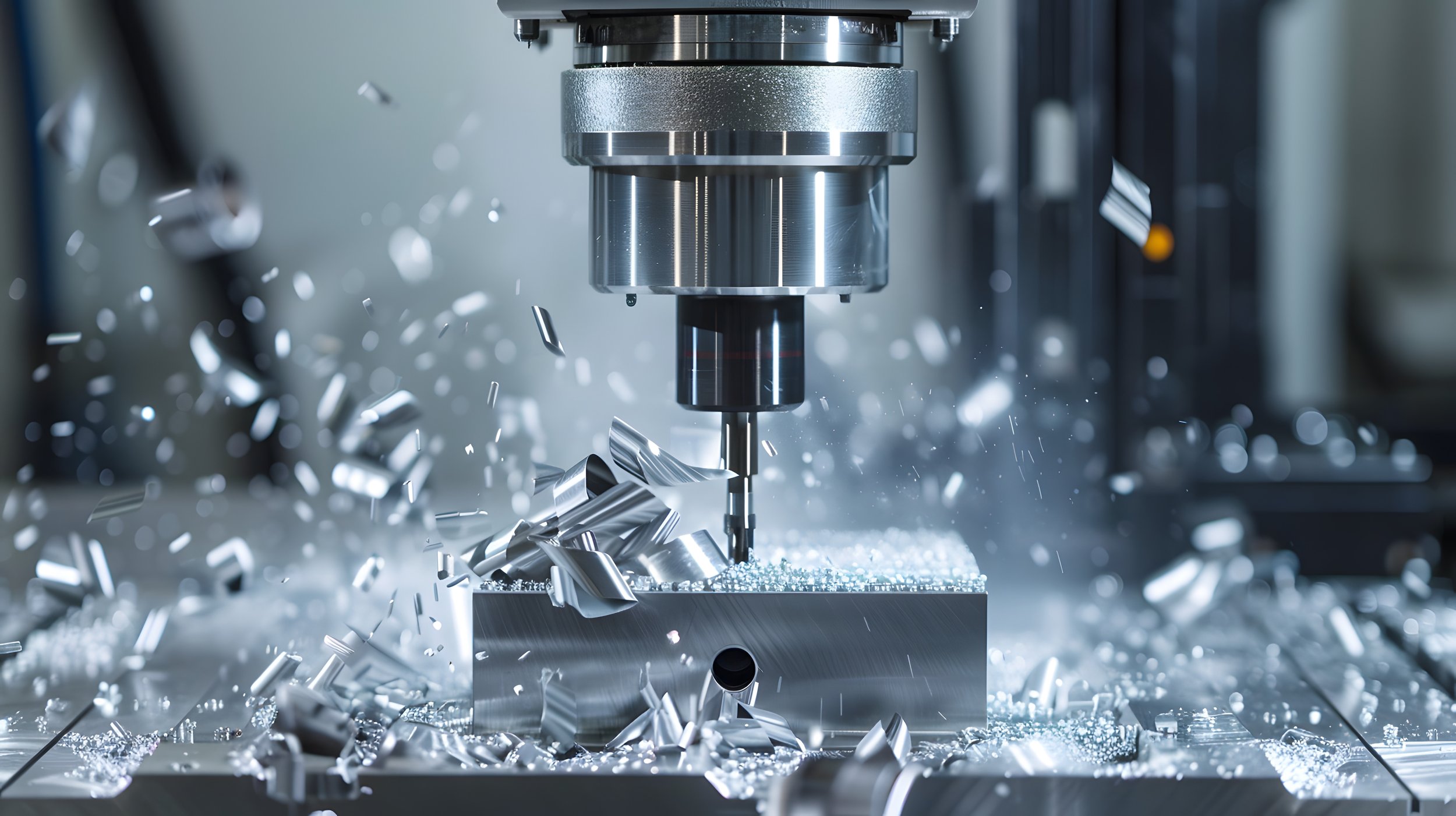 Close-up of a CNC milling machine cutting a metal piece, with metal shavings and chips flying in the air.