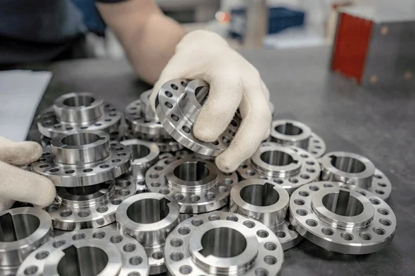 A worker handling metal flanges with holes in a manufacturing or industrial setting.