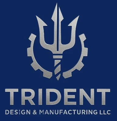 Logo for Trident Design & Manufacturing LLC featuring a trident symbol within a gear outline, with the company name below.