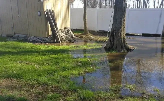 Flooded backyard with water pooling on grass and driveway, trees, a yellow shed, and a white fence in the background.