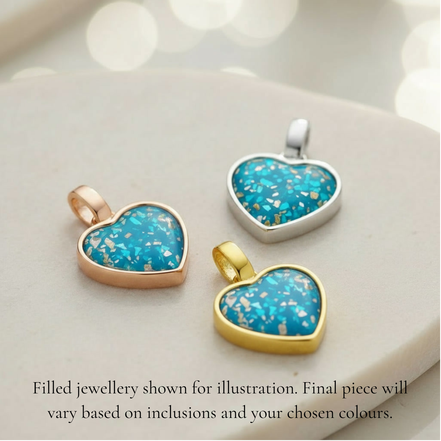 Example of a memorial ring filled with ashes and resin, showing how the finished keepsake may look once inclusions are added.