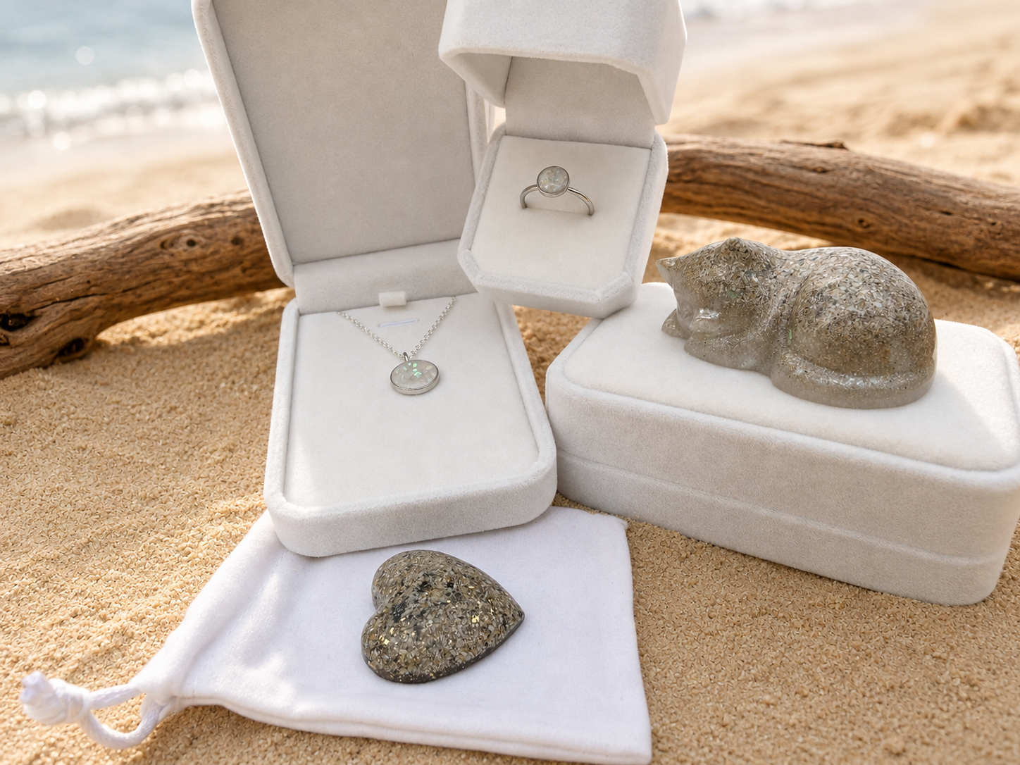 Custom pet memorial jewellery and resin keepsakes displayed on sand beside the beach