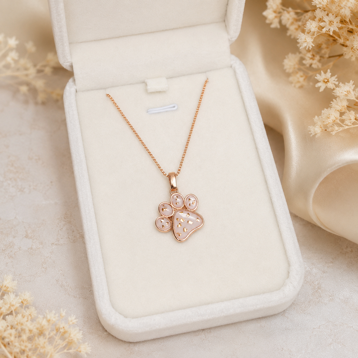 Kindred Keepsakes rose gold handmade memorial paw print pendant necklace with pet cremation ashes.png