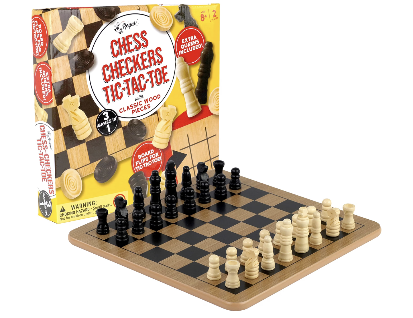 Regal Games - Reversible Wooden Board for Chess, Checkers & Tic-Tac-Toe