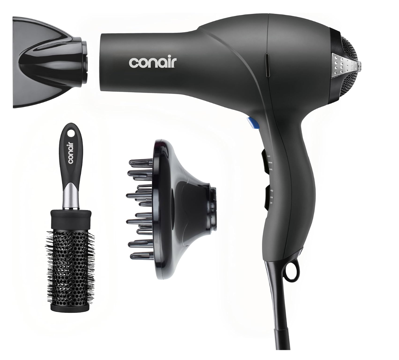 Conair Hair Dryer with Diffuser, Concentrator & Round Brush
