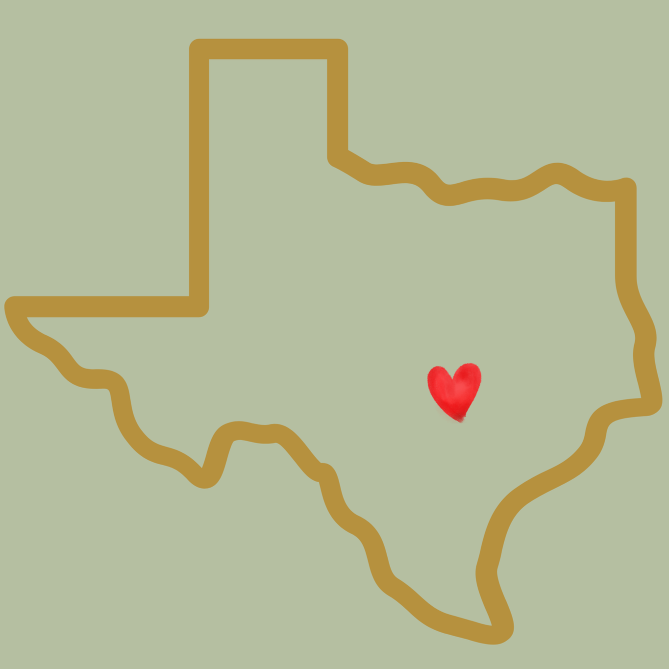 Outline of the state of Texas with a red heart symbol inside it on a light green background.