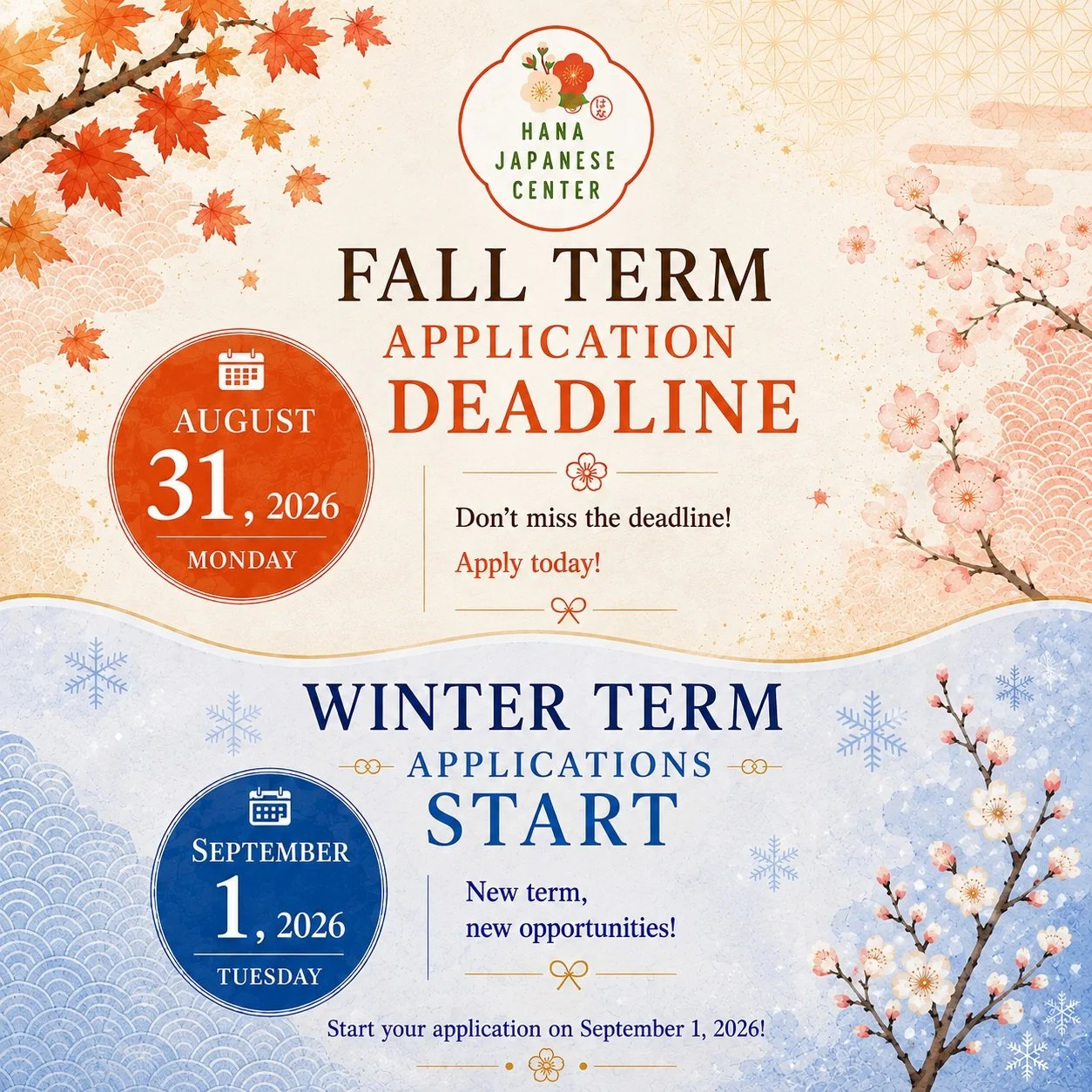 Registration for our Fall 2026 term closes Monday, August 31.

Not ready for fall? Registration for our Winter 2027 term opens September 1. 

#HanaJapaneseCenter #JapaneseClasses #LearnJapanese #ArlingtonVA #NorthernVirginiaFamilies
