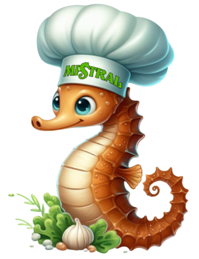 Illustration du logo emblématique de la marque 'MISTRAL' montrant un hippocampe mignon, portant un chapeau de chef avec l'inscription 'MISTRAL'.