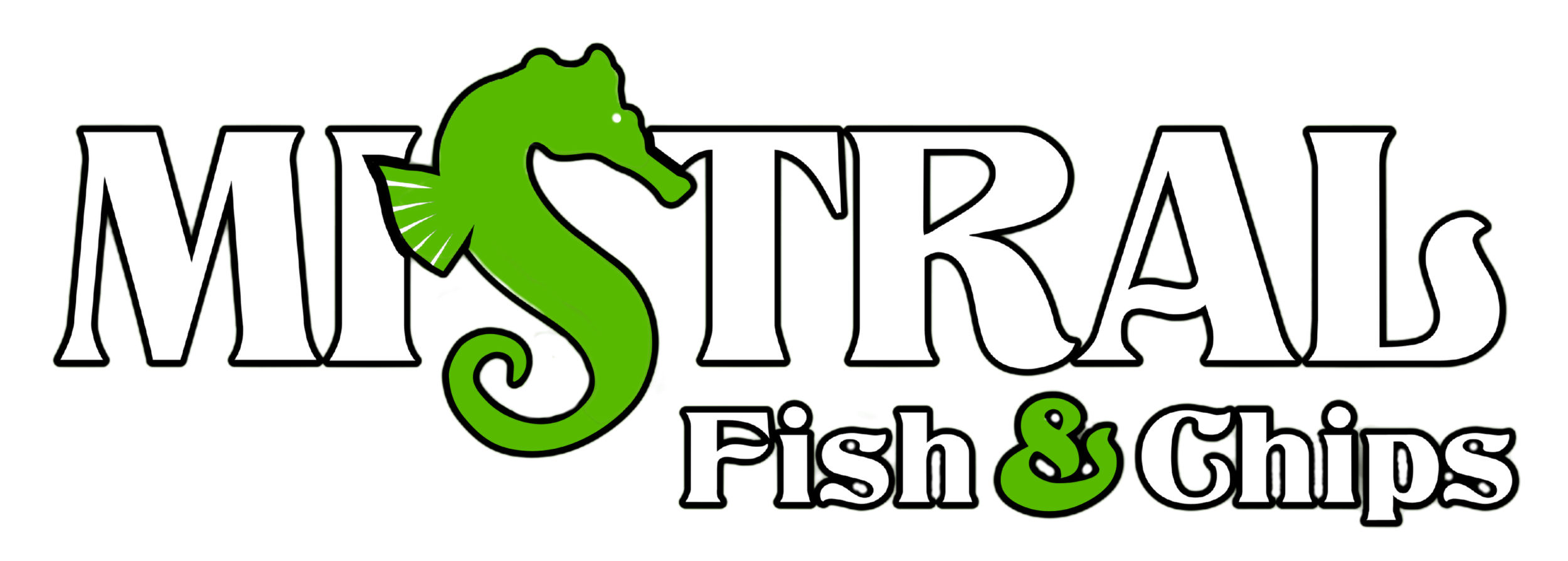 Logo 'MISTRAL Fish & Chips' avec la silhouette d'un hippocampe vert intégré dans le mot 'MISTRAL' et le texte 'Fish & Chips' en dessous.