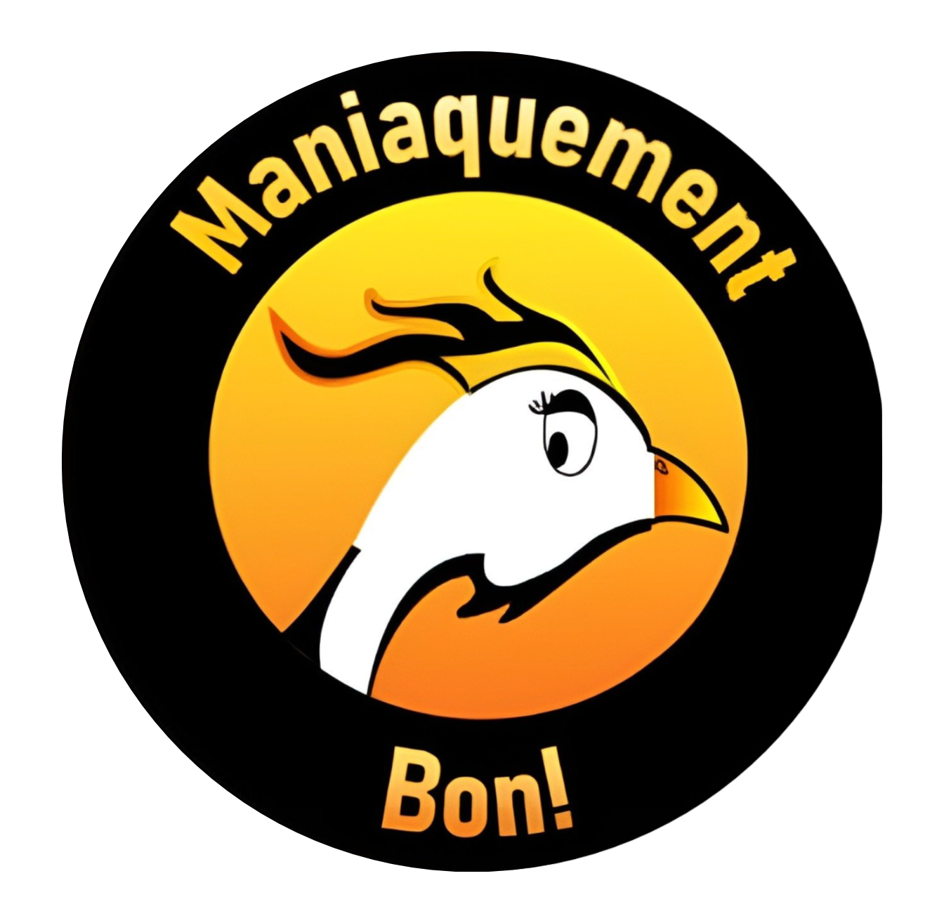 Logo circulaire avec un fond orange dégradé représentant la poule emblématique de la marque 'Poulet Frit Maniaque', entouré du texte « Maniaquement Bon ! » en haut et en bas.