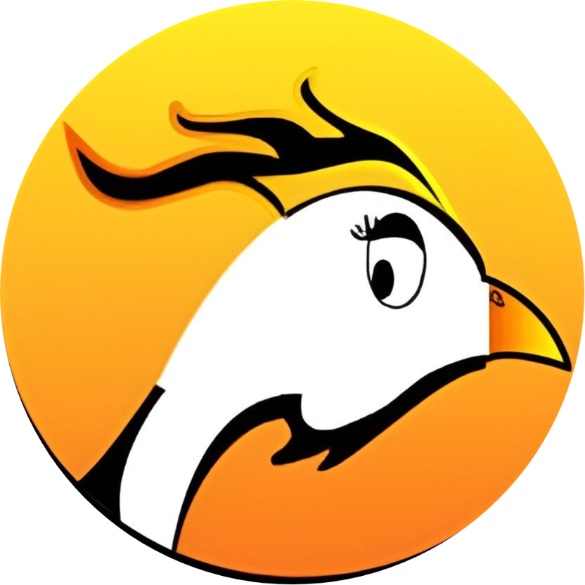 Une illustration stylisée d'une poule avec un fond dégradé orange et jaune, représentant le logo de Poulet Frit Maniaque.