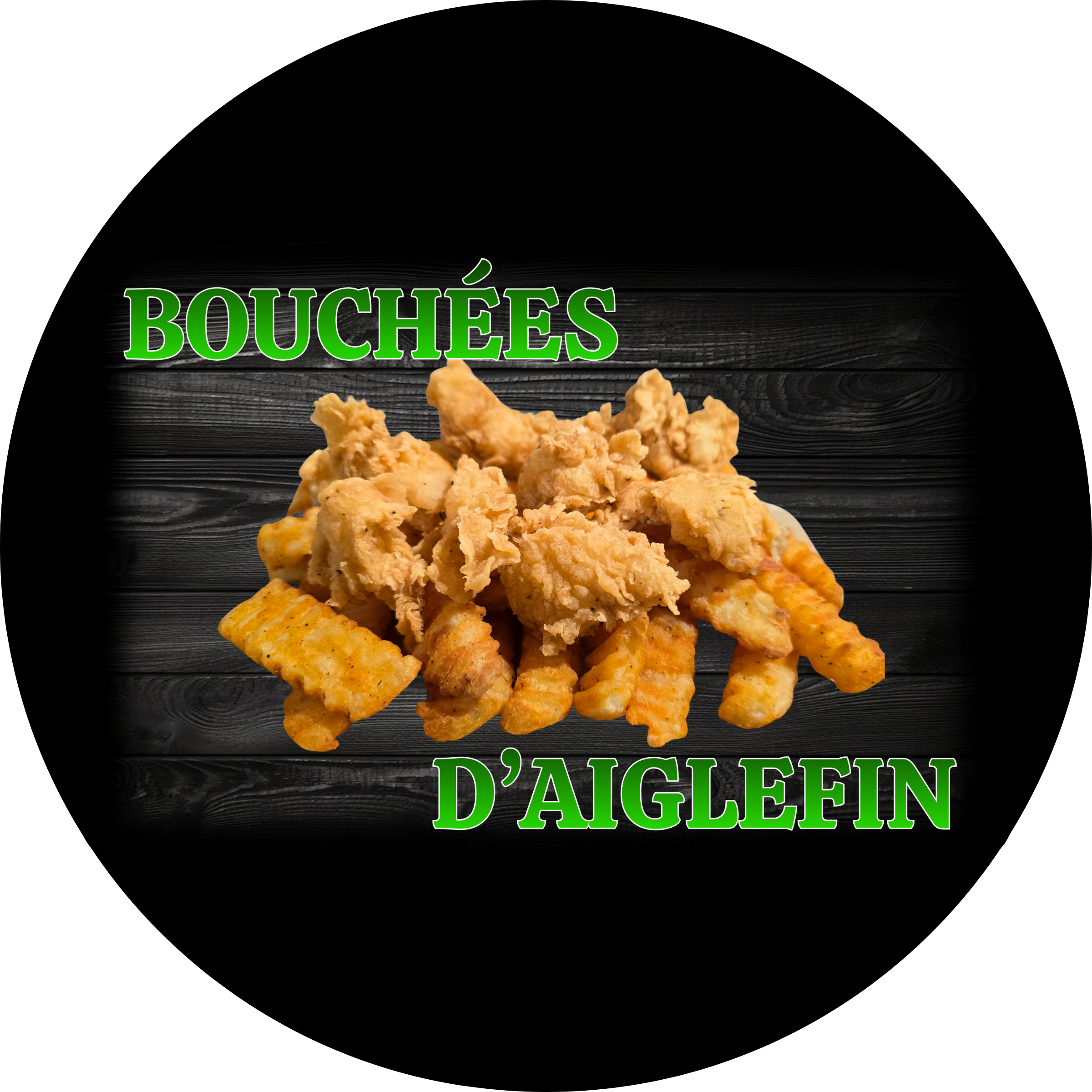 Photo de morceaux de bouchées d'aiglefin frit 'MISTRAL' sur un fond noir avec le texte "BOUCHÉES D'AIGLEFIN" en vert