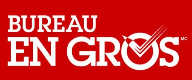 Logo rouge avec le texte blanc 'BUREAU EN GROS' et une icône de vérification dans le 'O'