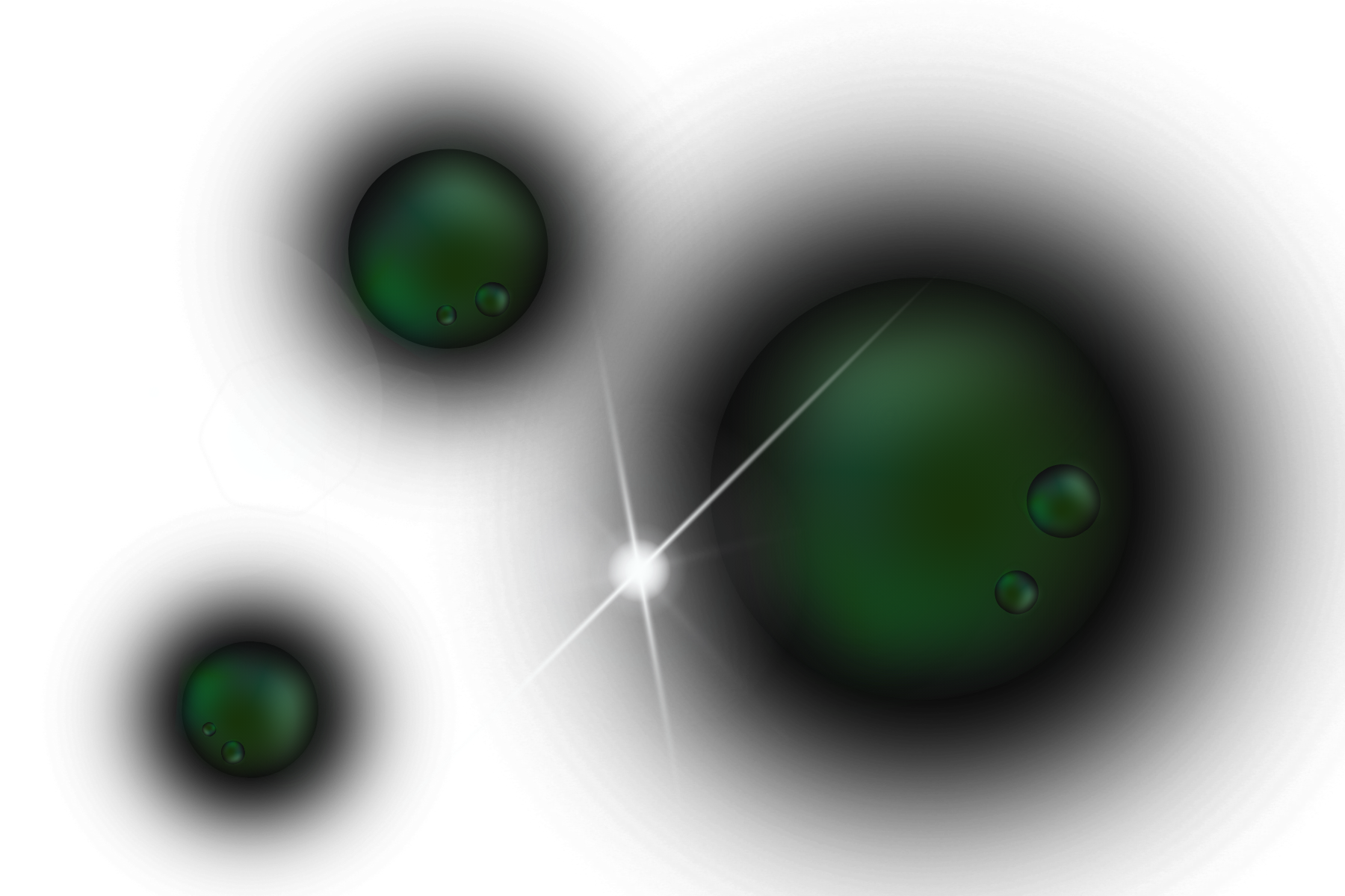 Diagramme abstrait représentant une lumière blanche centrale avec des projections en rayons, entourée de bulles vertes et blanches sur un fond noir.