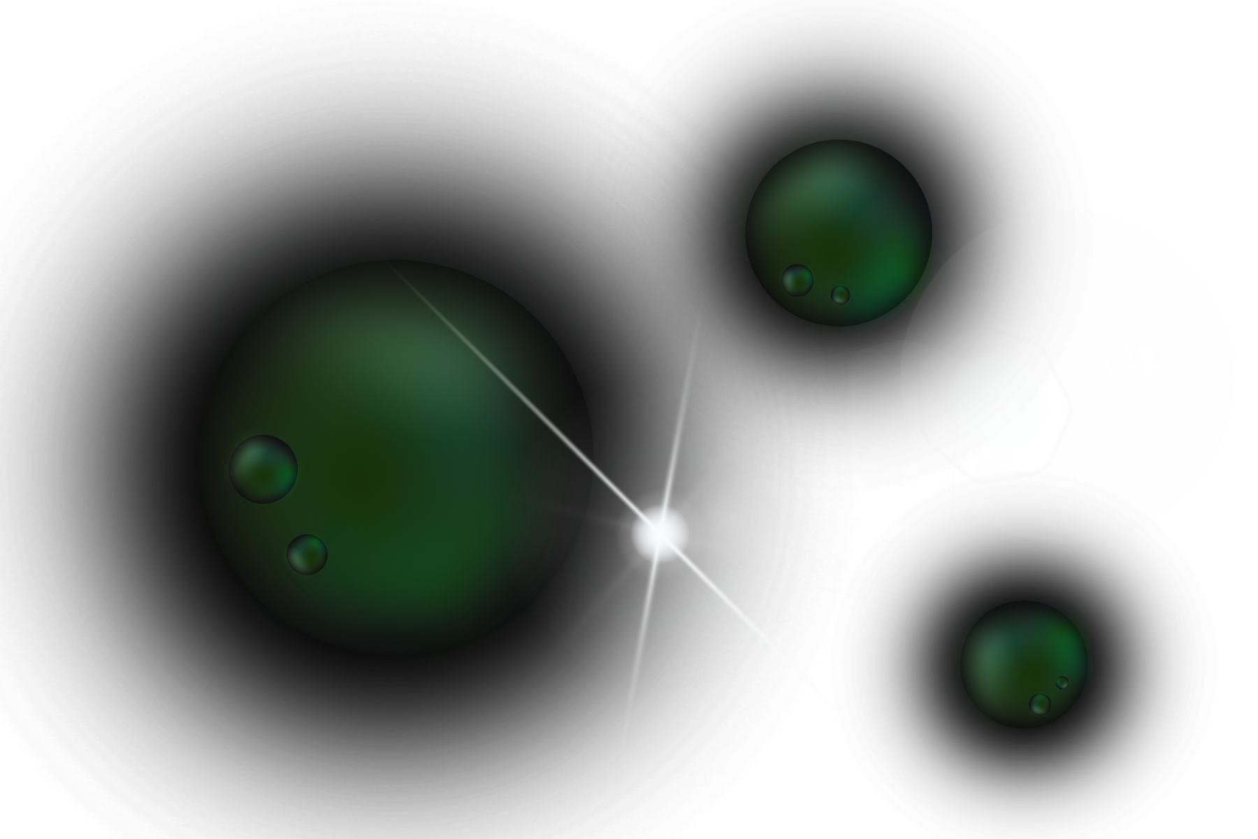 Une représentation abstraite avec des bulles vertes, des lignes blanches lumineuses et un fond noir.