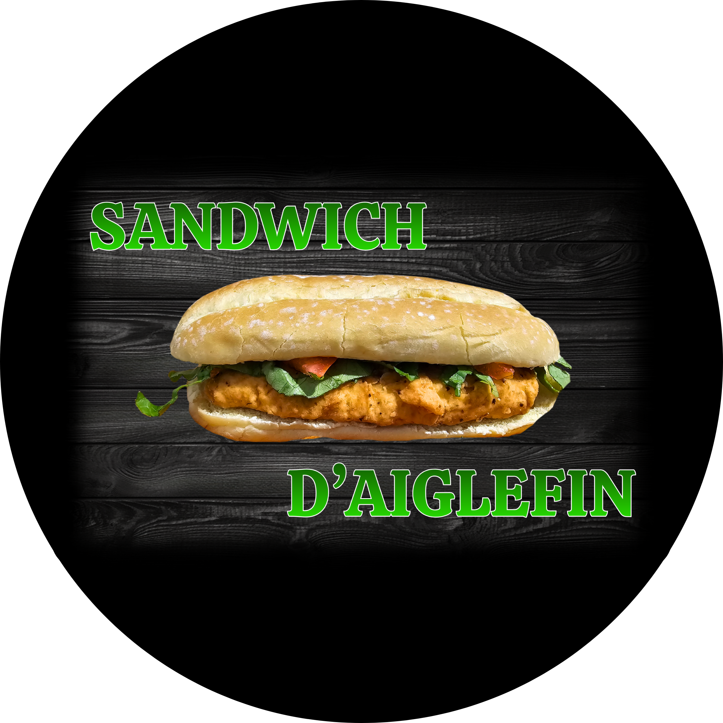 Sandwich d'aiglefin frit 'MISTRAL' avec laitue dans un pain baguette, avec le texte "Sandwich d'Aiglefin" en vert.