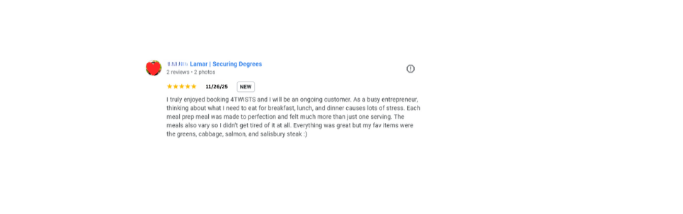 Screenshot of a Google review for Lamar's Securing Degrees with a five-star rating, posted on November 26, 2025, praising the food and experience.