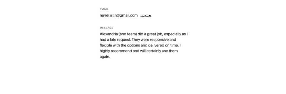 Email screenshot with the address mmn@hotmail.com and date 12/22/25. The message praises Alexandria and her team for their responsive, flexible, and timely service, recommending them for future use.