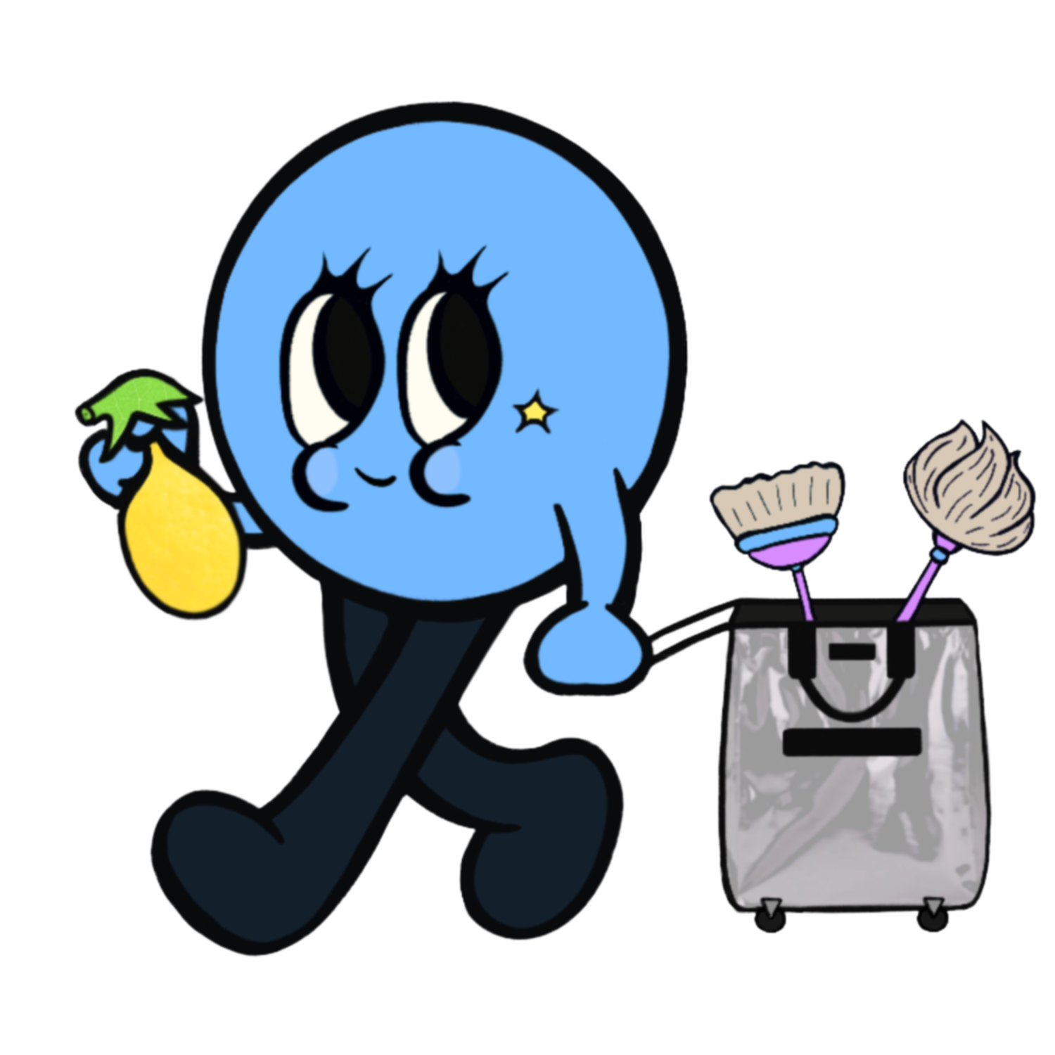 A cartoon blue character with large eyes, long eyelashes, and a small star on its cheek, holding a yellow lemon by a green leaf. It is walking past a gray shopping bag filled with two cleaning brushes with bristles.