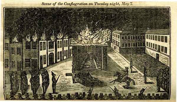 Historical black and white illustration of the Kensington Riots of 1844 during a fire, with buildings on fire, smoke, and rioters and militia observing the scene.