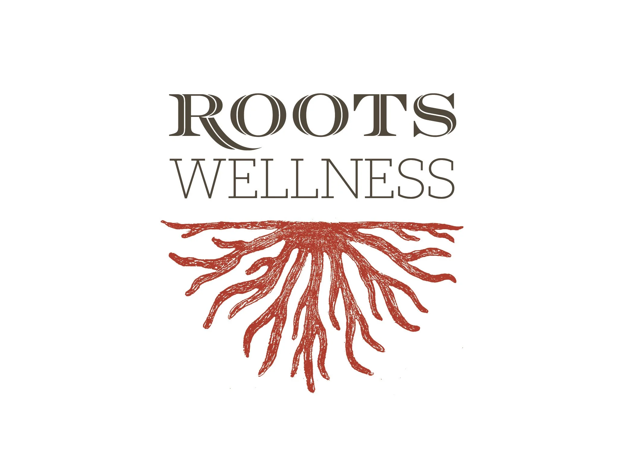 Logo with the words 'Roots Wellness' and an illustration of a tree root system.