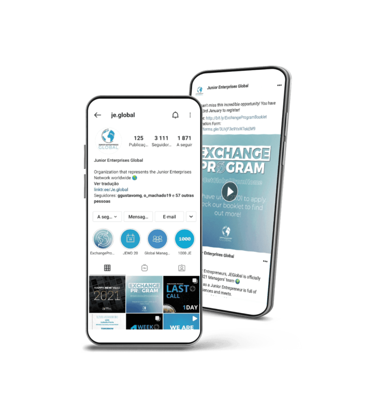 Two smartphones displaying social media profiles and promotional content for Junior Enterprises Global, an organization supporting the Junior Enterprises Network worldwide.