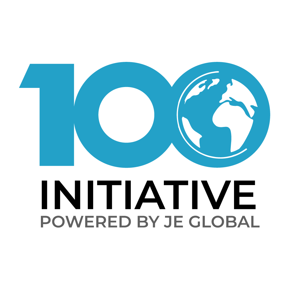 Logo with the number 100, a globe in place of the last zero, and the text 'Powered by JE Global' beneath.