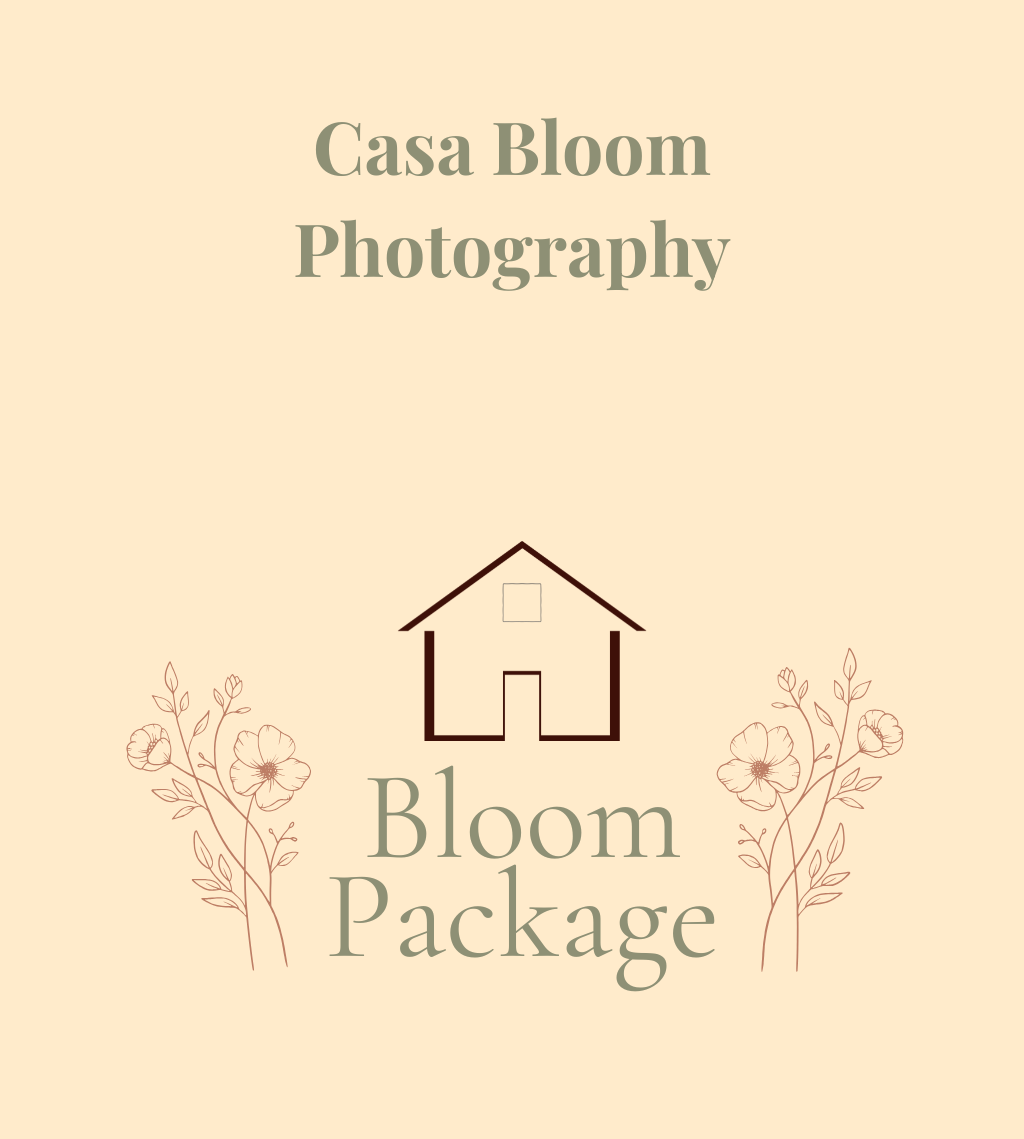 An advertisement for Casa Bloom Photography featuring a house icon and the text Bloom Package on a beige background with floral illustrations.