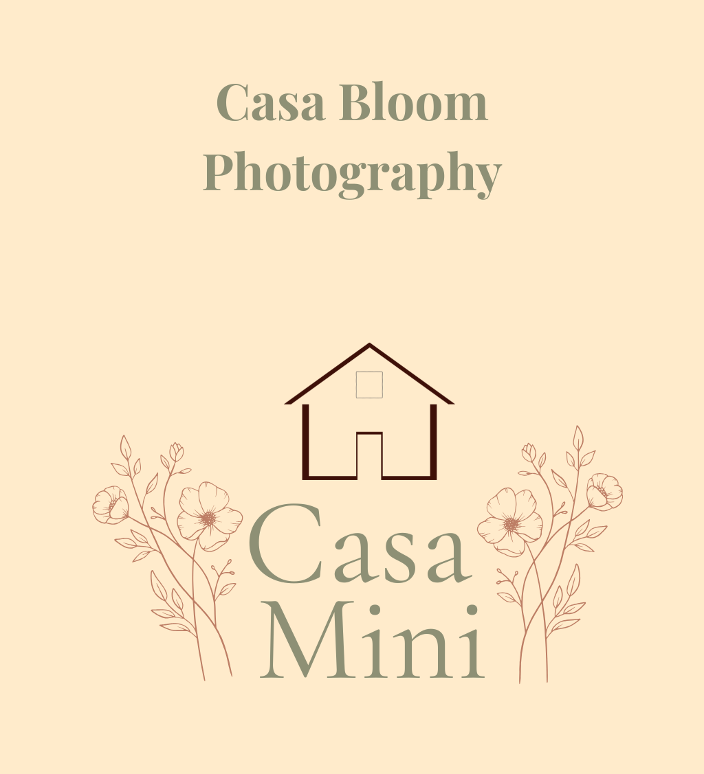 Graphic design with the text 'Casa Bloom Photography' and 'Casa Mini', a simple house icon, and floral illustrations on a beige background.