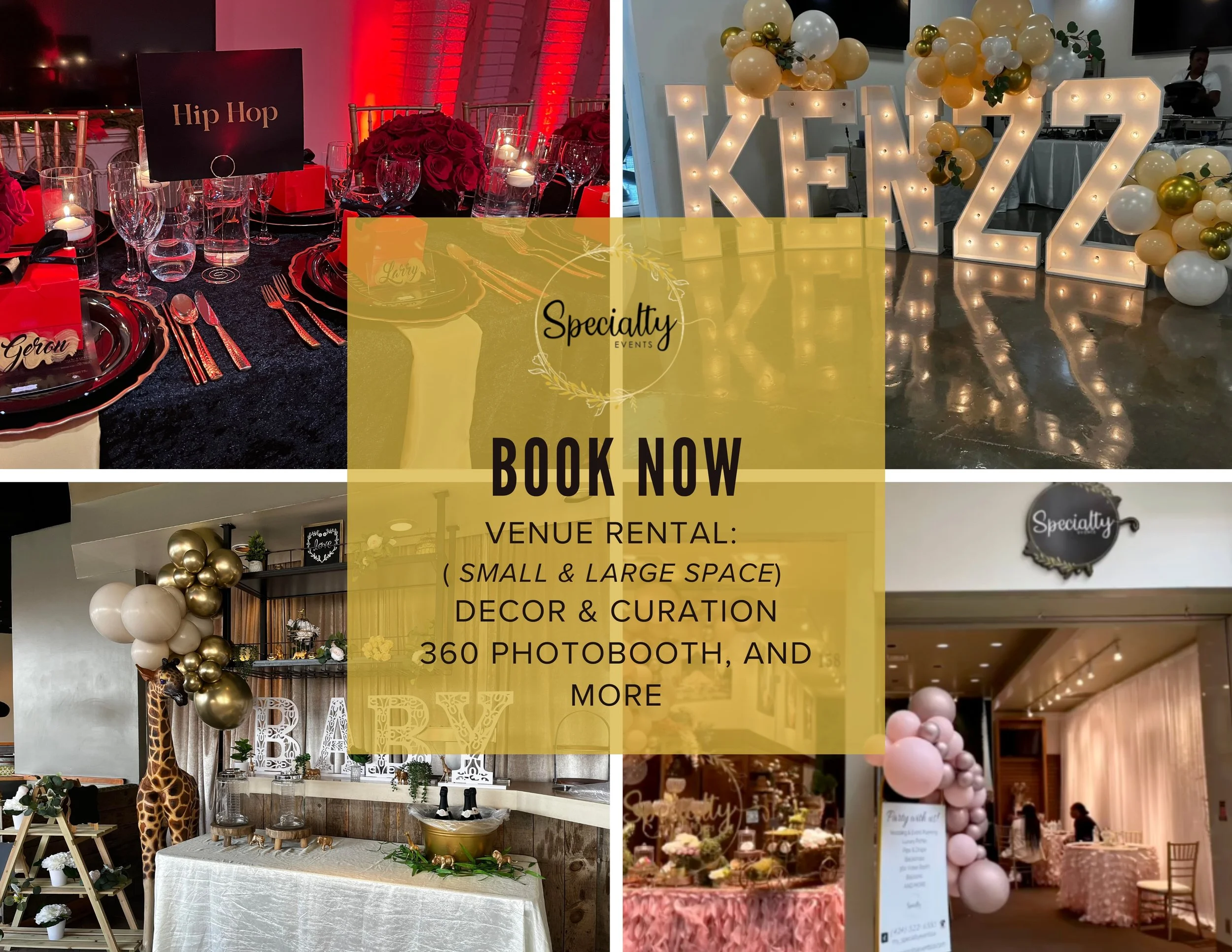 Collage of four decorated event venues with balloons, balloons spelling 'KENZ,' tables set for a party, large illuminated signs, and a signage overlay with event booking information.