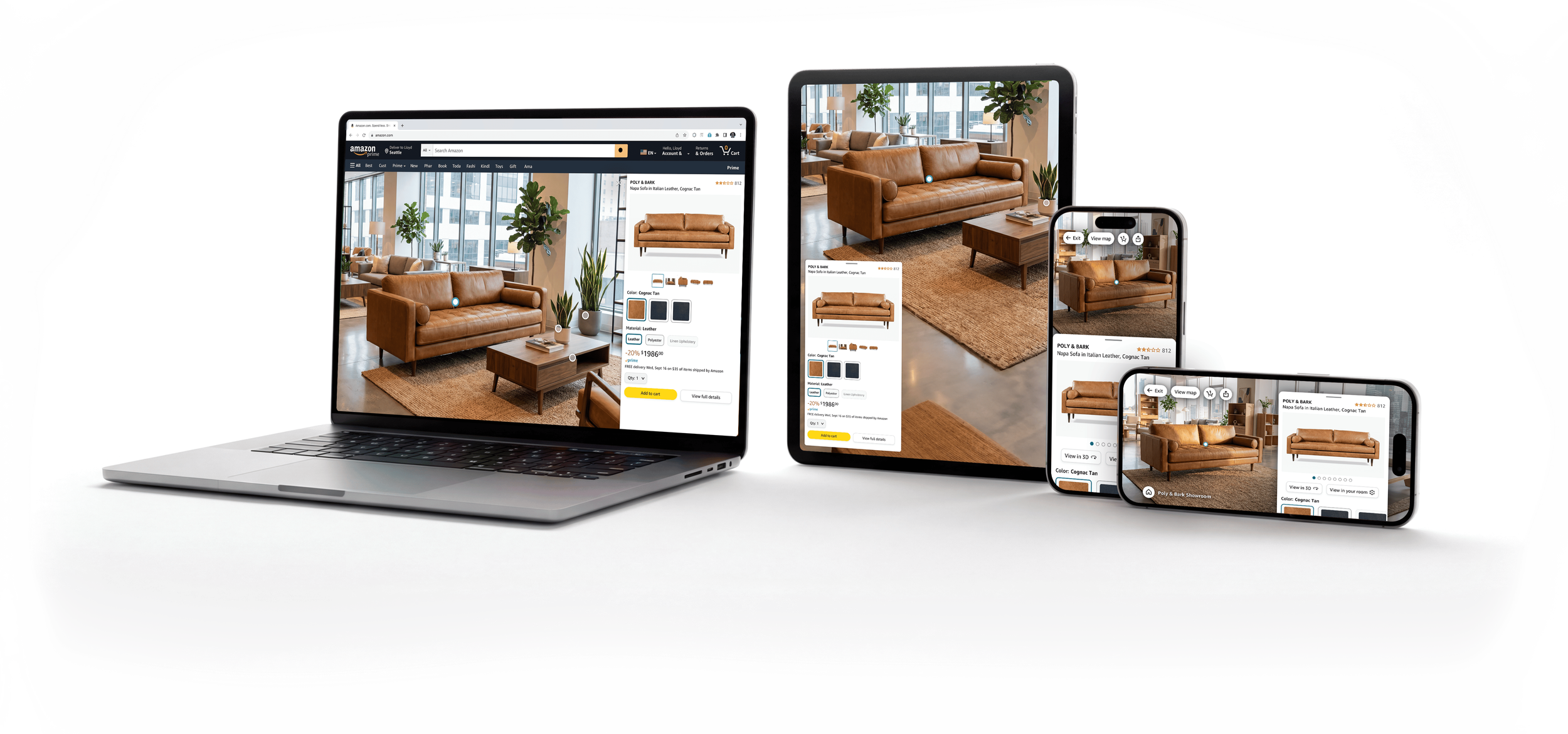 Multiple devices including a laptop, tablet, and smartphones displaying images of a leather sofa in a modern living room.