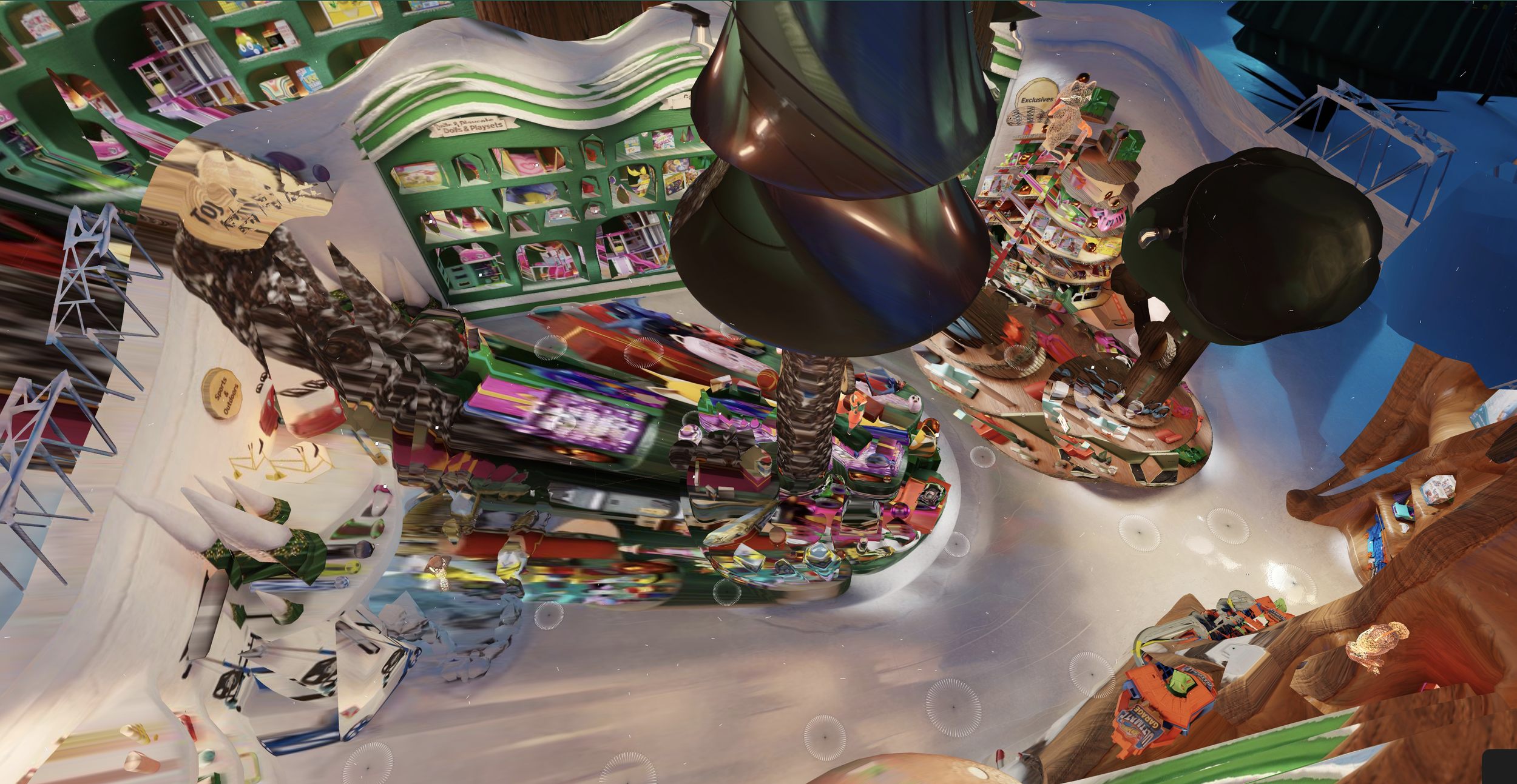 A distorted, abstract image of a toy store or display area with shelves filled with toys, a large black balloon, and various colorful objects and structures.