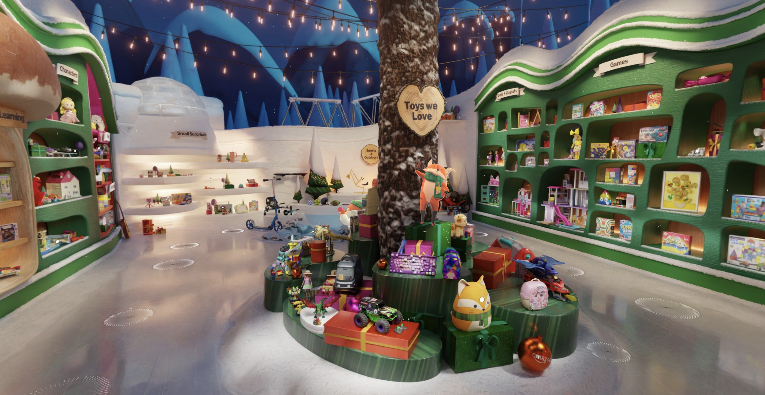 Indoor toy store decorated for Christmas with a large tree in the center surrounded by wrapped gifts and toys. Shelves on the walls display various toys, books, and games. Warm string lights hang overhead, and there are signs for different sections like "Characters," "Small Surprises," and "Dolls & Playsets." The background features a colorful mural of mountains and trees.