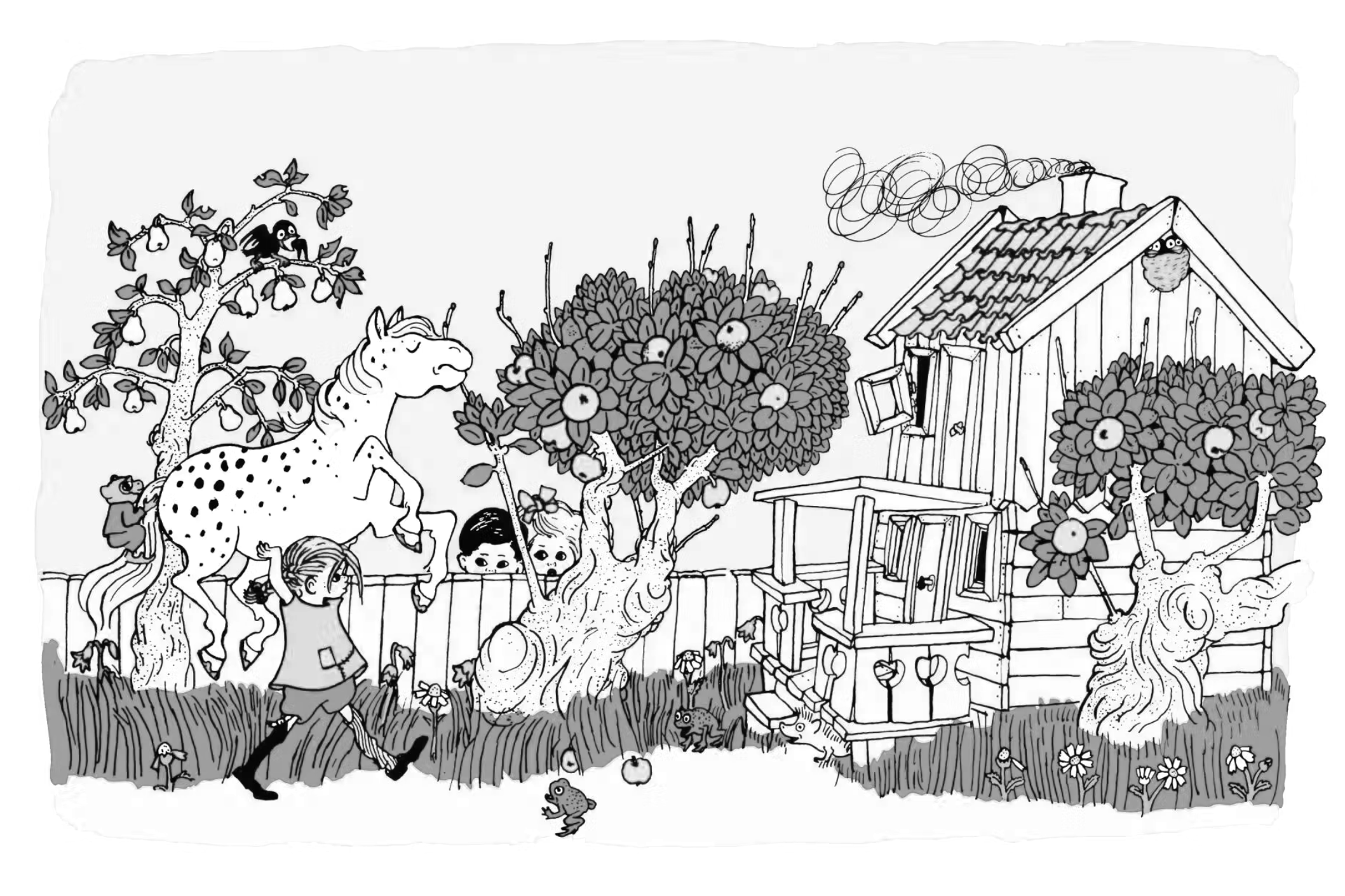 Children playing outside near a treehouse with apple trees, a pony, two girls, frogs, and a bird on a branch, in a garden setting.