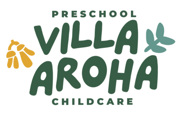 Villa Aroha logo with stylized green leaves and text