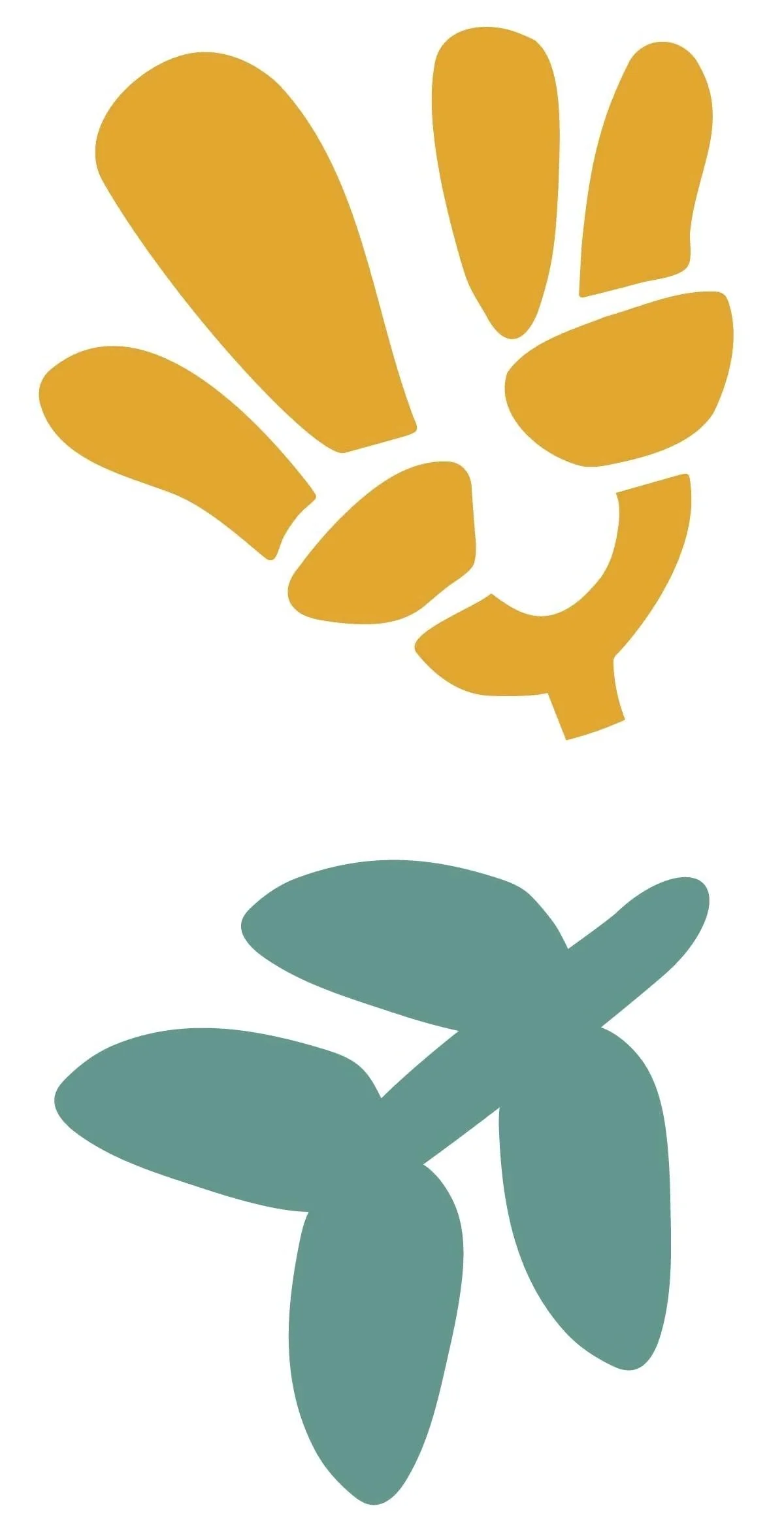 Two stylized flower illustrations, one in mustard yellow and the other in muted teal, with simple petal shapes on a white background.