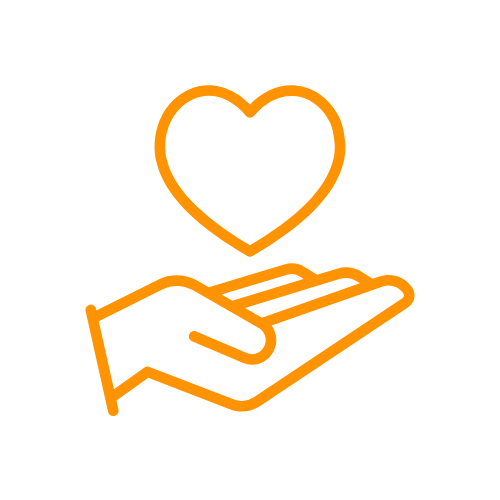 An outline of a hand holding a heart symbol in orange on a black background.