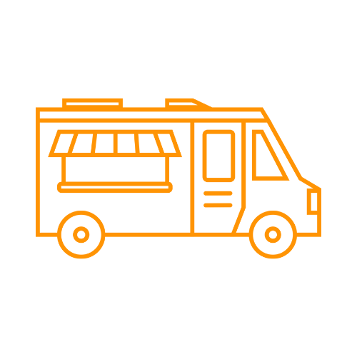 Orange outline of a food truck with a window and awning on a black background.