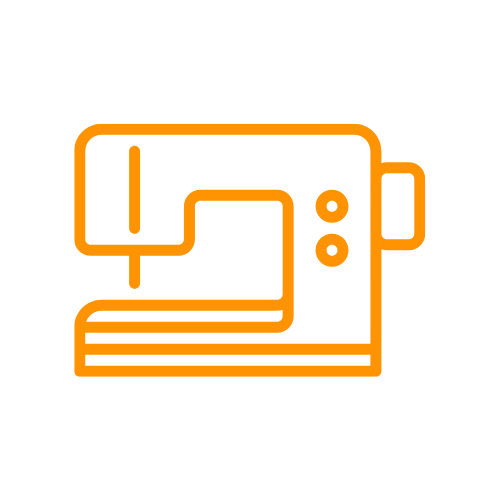 Icon of a sewing machine in orange on a black background.
