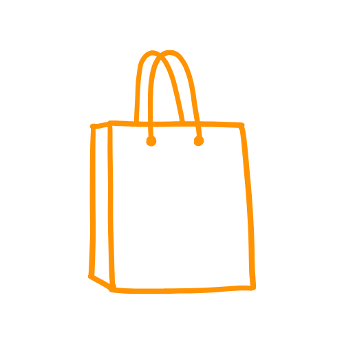 Orange line drawing of a shopping bag on a black background.