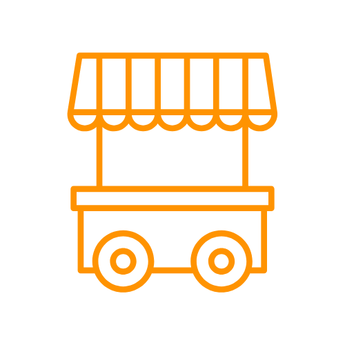 Outline of a food or market cart with a striped canopy, wheels, and a flat selling surface.