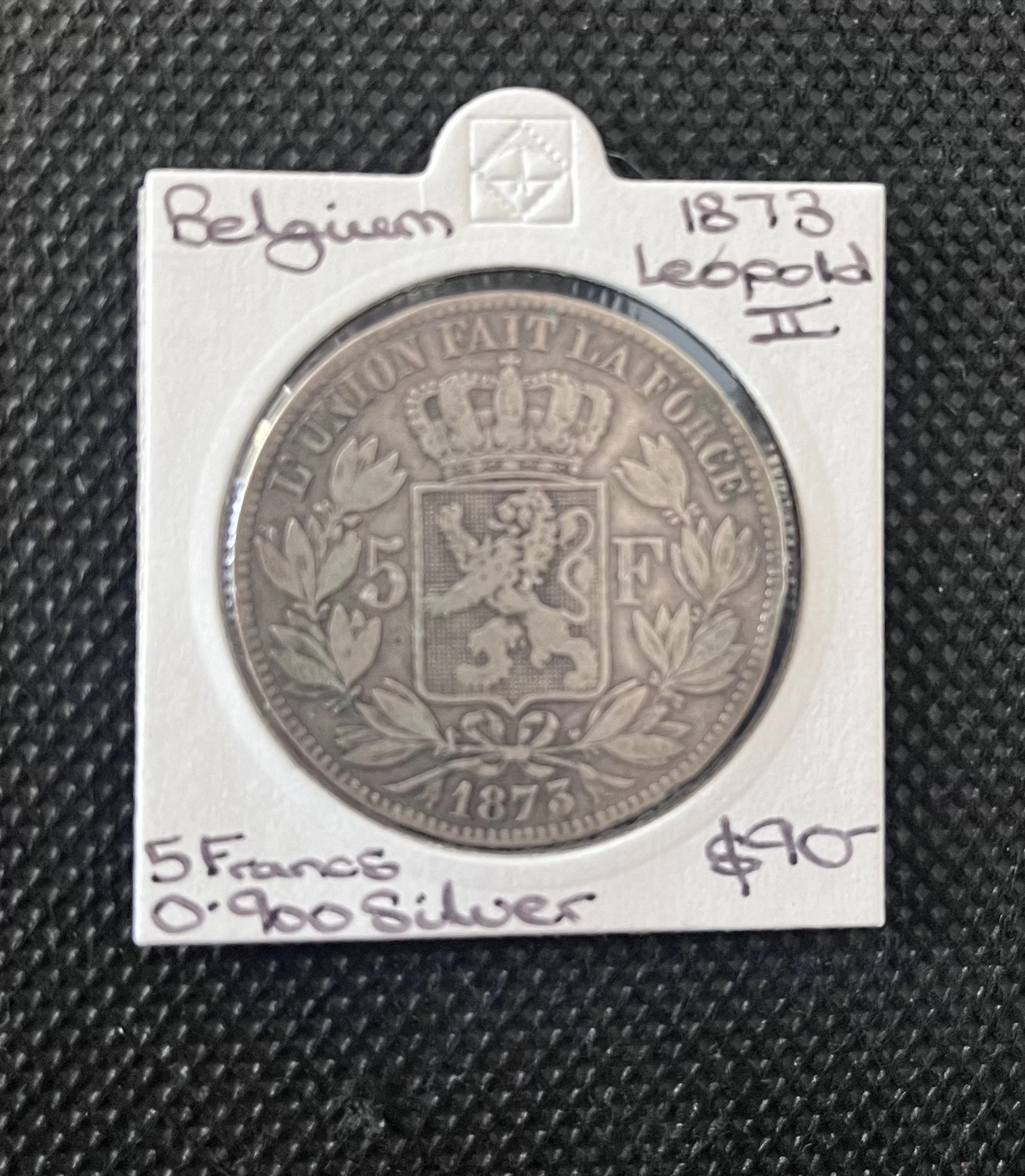 Belgium 1873 5 Francs 0.900 Silver
