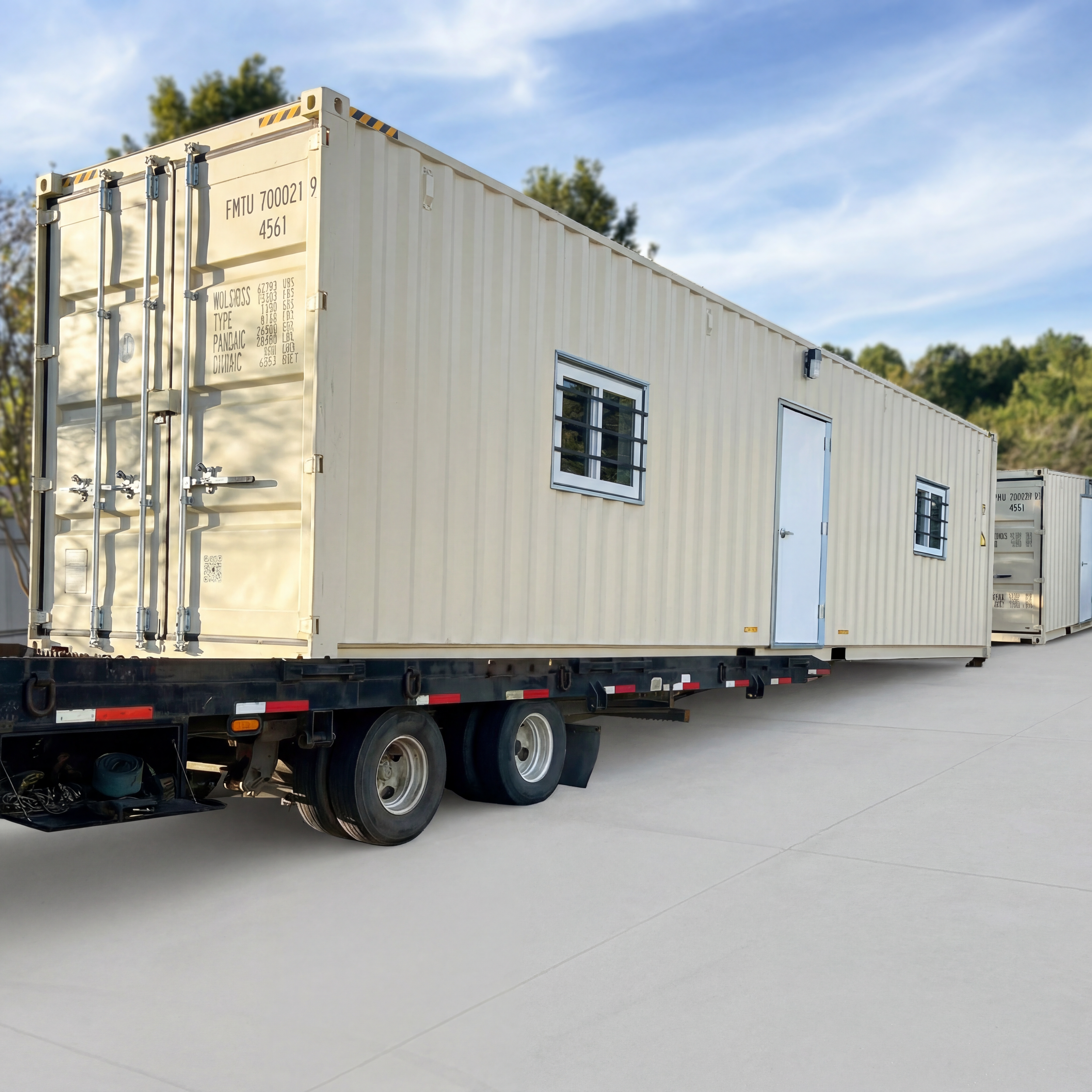 A beige portable building on a black flatbed truck, with small windows and a door, situated outdoors on a paved surface under a partly cloudy sky.