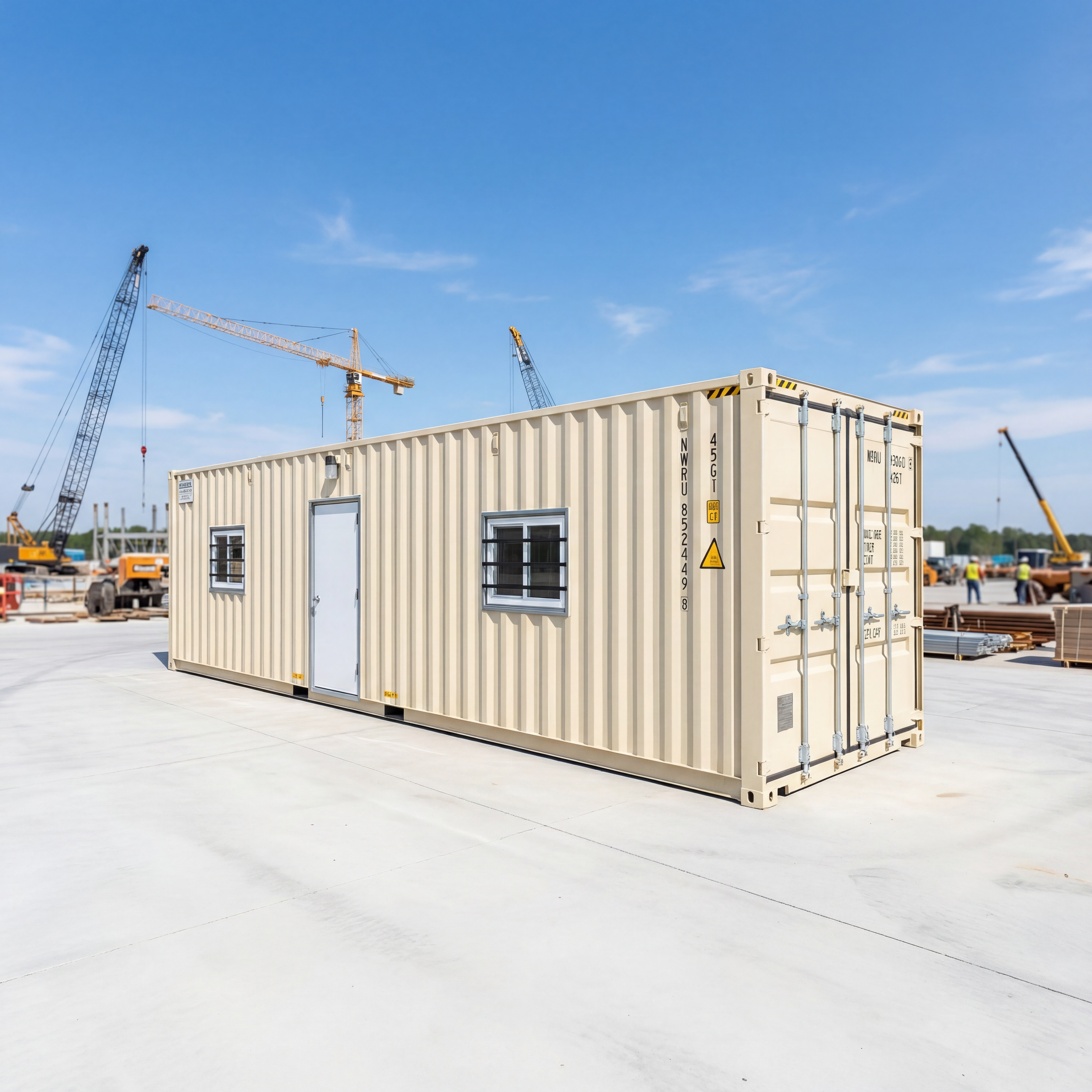 A beige shipping container office with two small windows and a door, situated on a construction site with cranes and workers in the background under a blue sky.