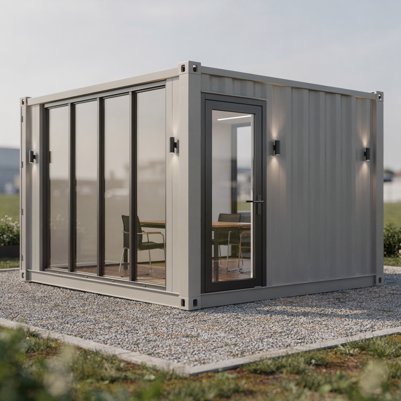 A modern container office with glass sliding doors and side wall fixtures, situated on gravel with grass in the foreground.