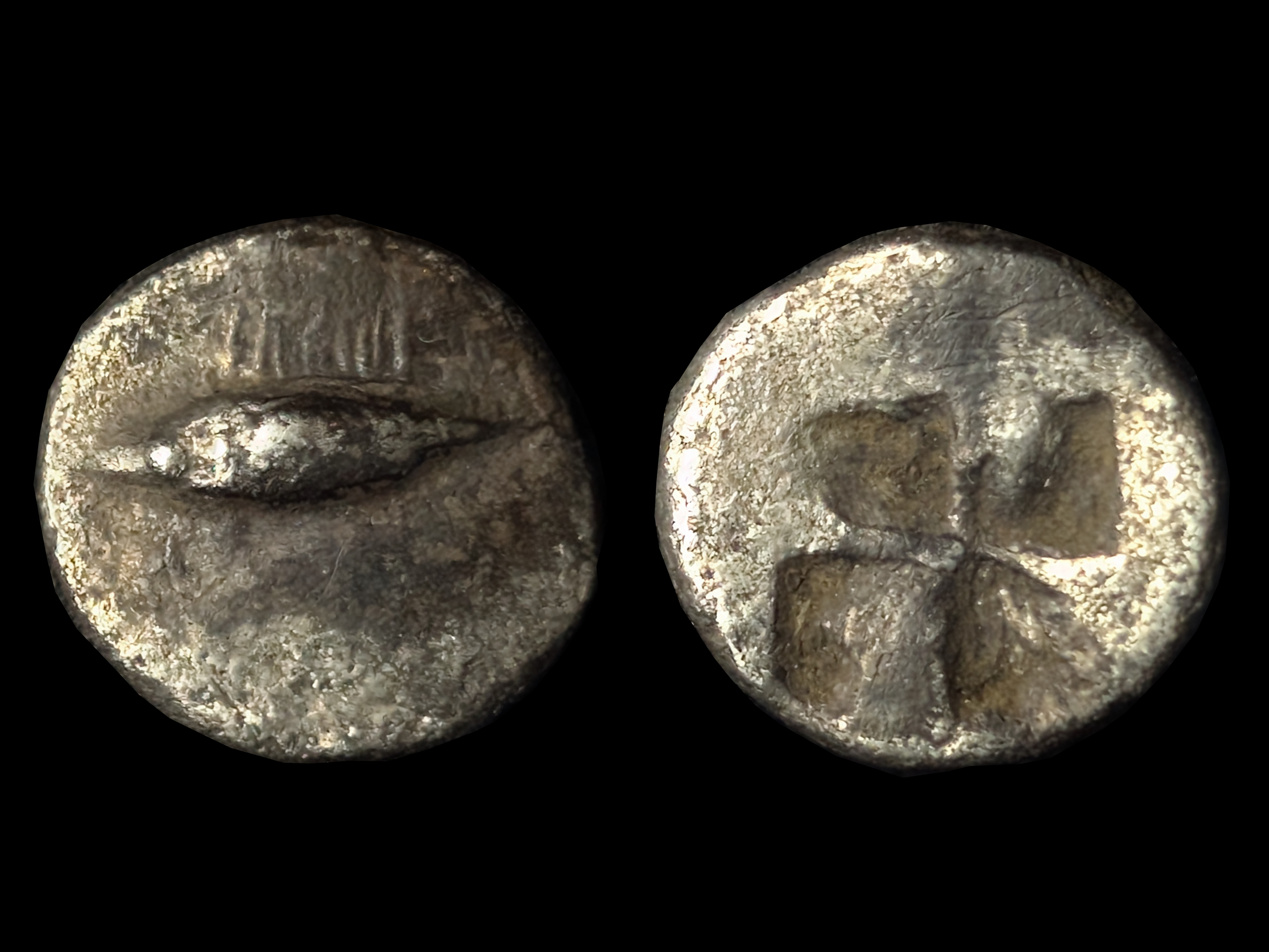 Ancient Greek Mysia Kyziko AR Tetartemorion Tunny / Square c.550-480 BC - VF