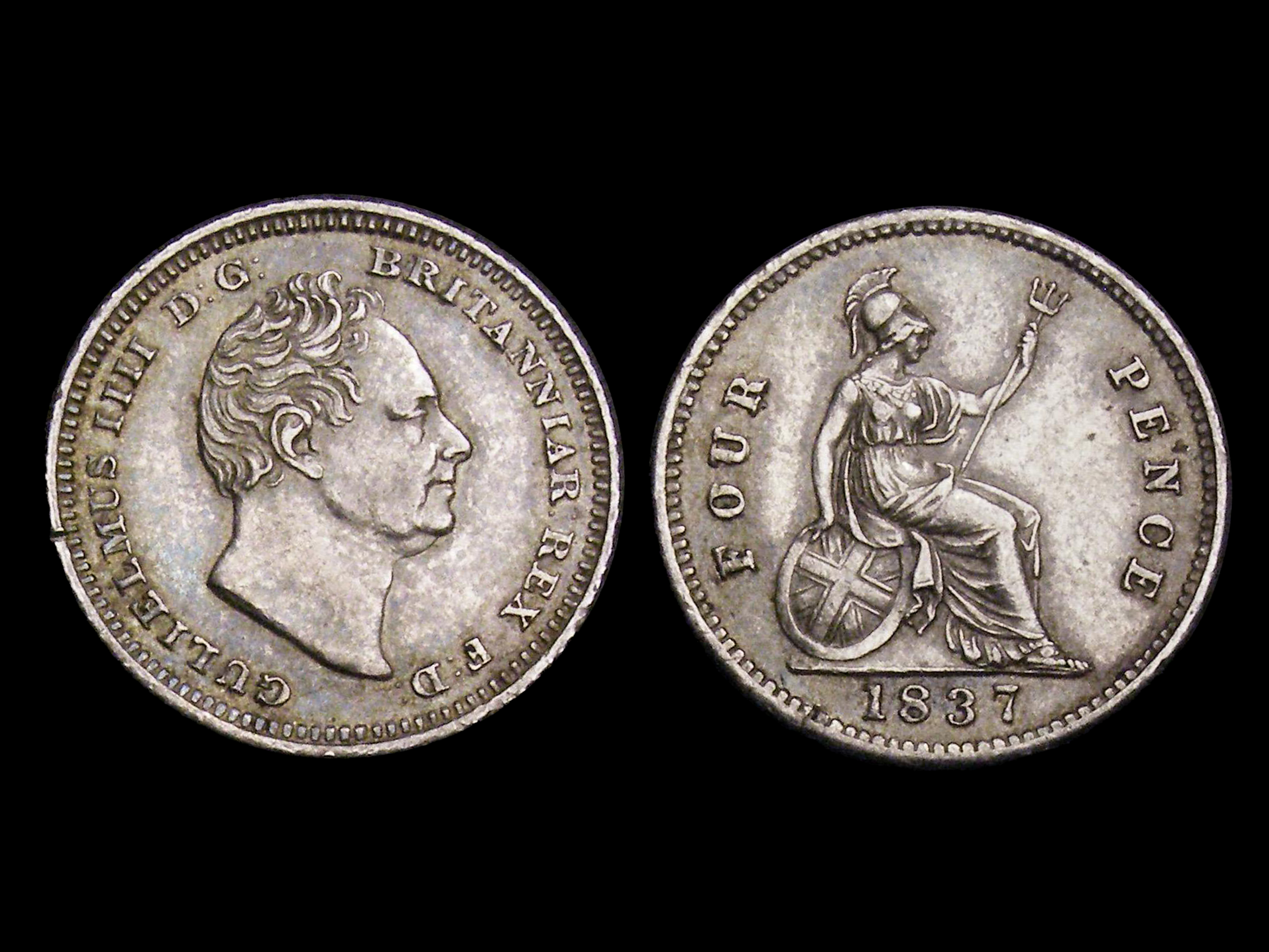 William IV Silver Four Pence Britannia Issue 1837 - aUNC - Uncommon